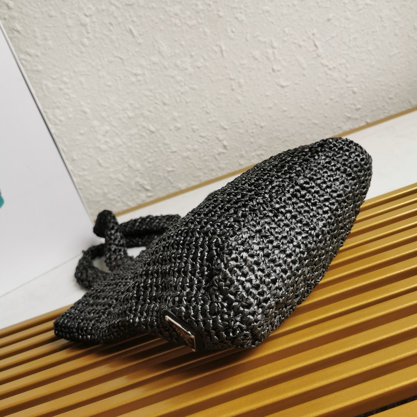 Pra*a small crochet tote bag in black raffia-effect yarn