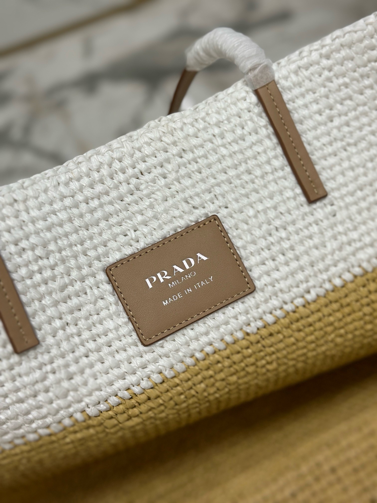 Pra*a crochet large tote bag in beige/white raffia-effect yarn