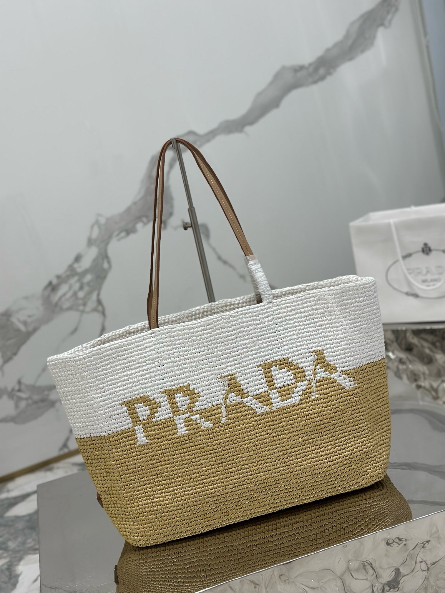 Pra*a crochet large tote bag in beige/white raffia-effect yarn