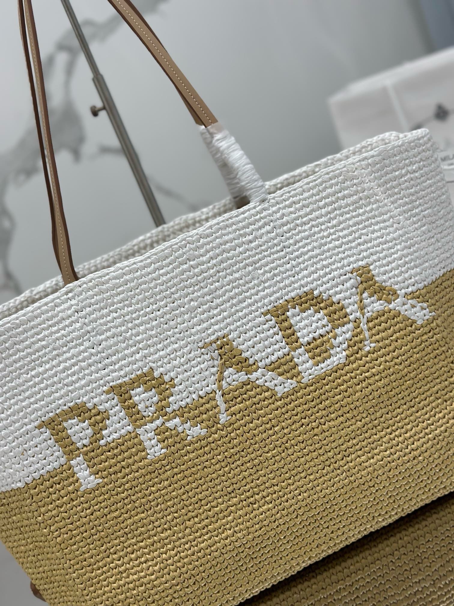 Pra*a crochet large tote bag in beige/white raffia-effect yarn