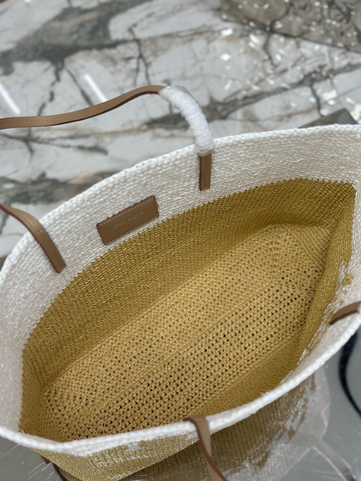 Pra*a crochet large tote bag in beige/white raffia-effect yarn