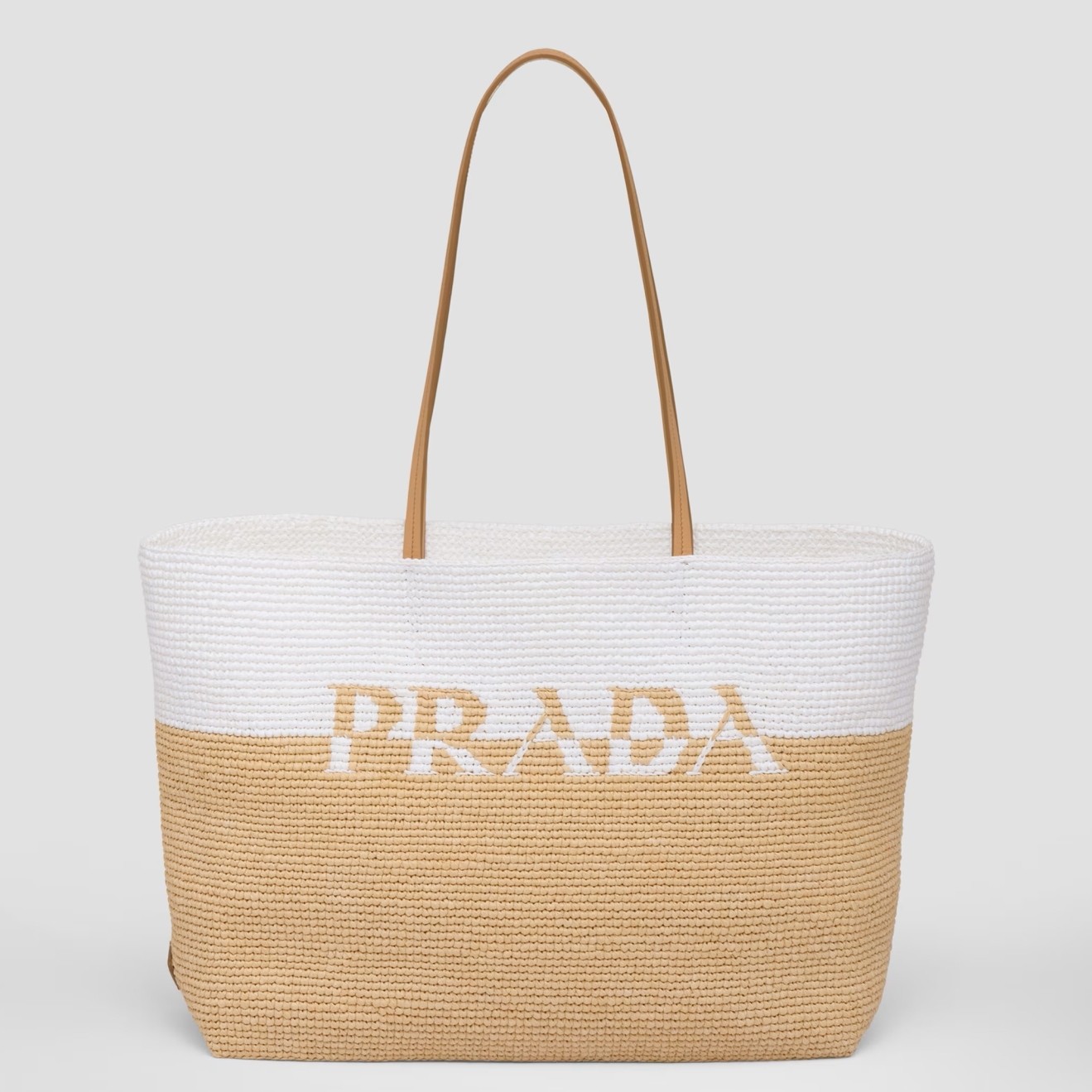 Pra*a crochet large tote bag in beige/white raffia-effect yarn