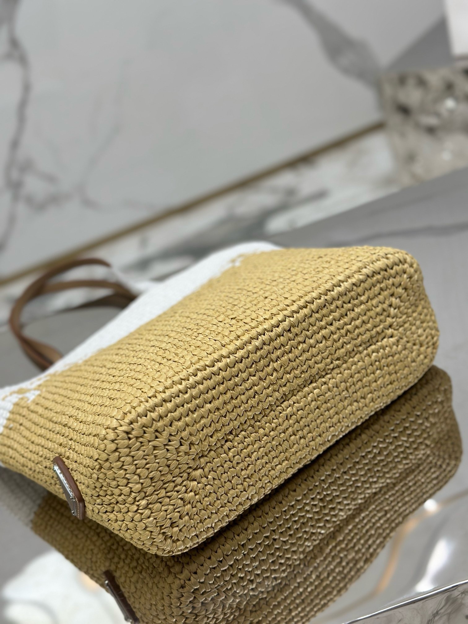 Pra*a crochet small tote bag in beige/white raffia-effect yarn