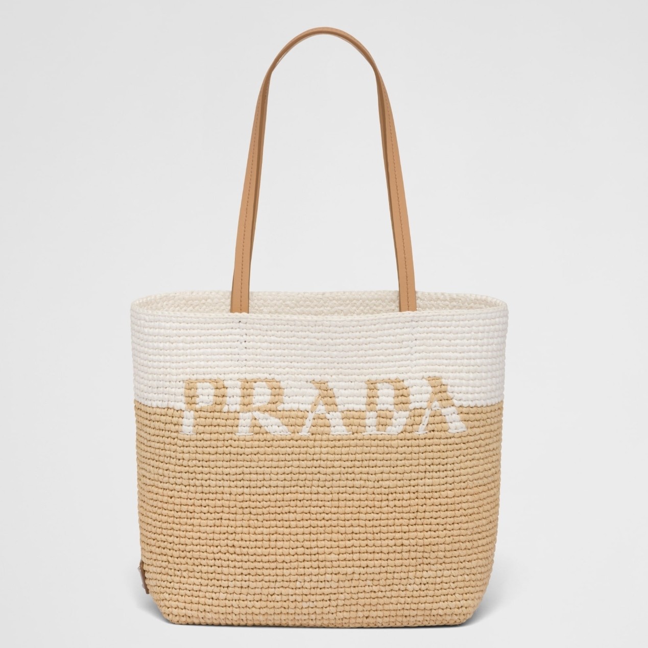 Pra*a crochet small tote bag in beige/white raffia-effect yarn