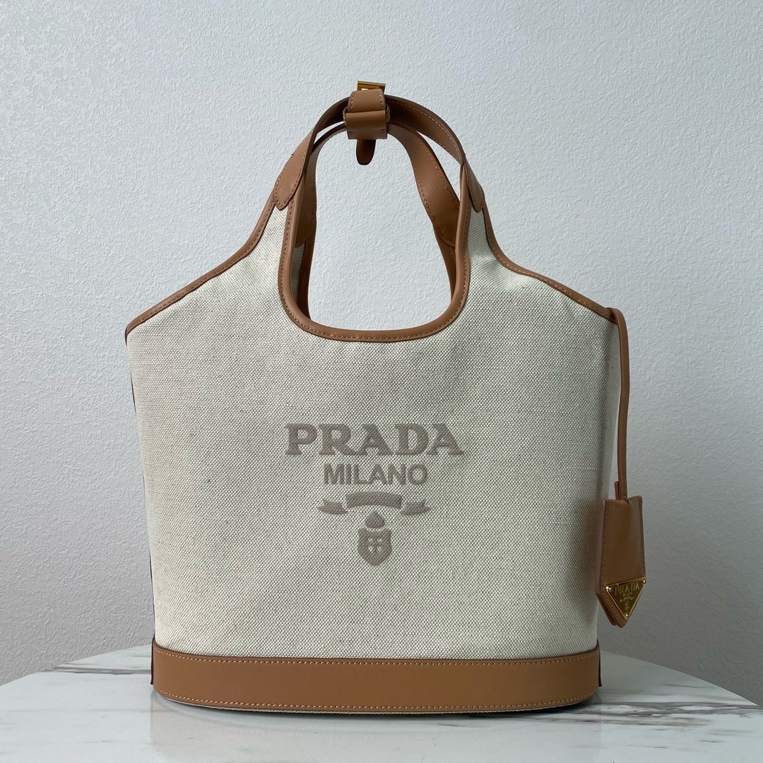 Pra*a medium tote bag in linen blend and leather