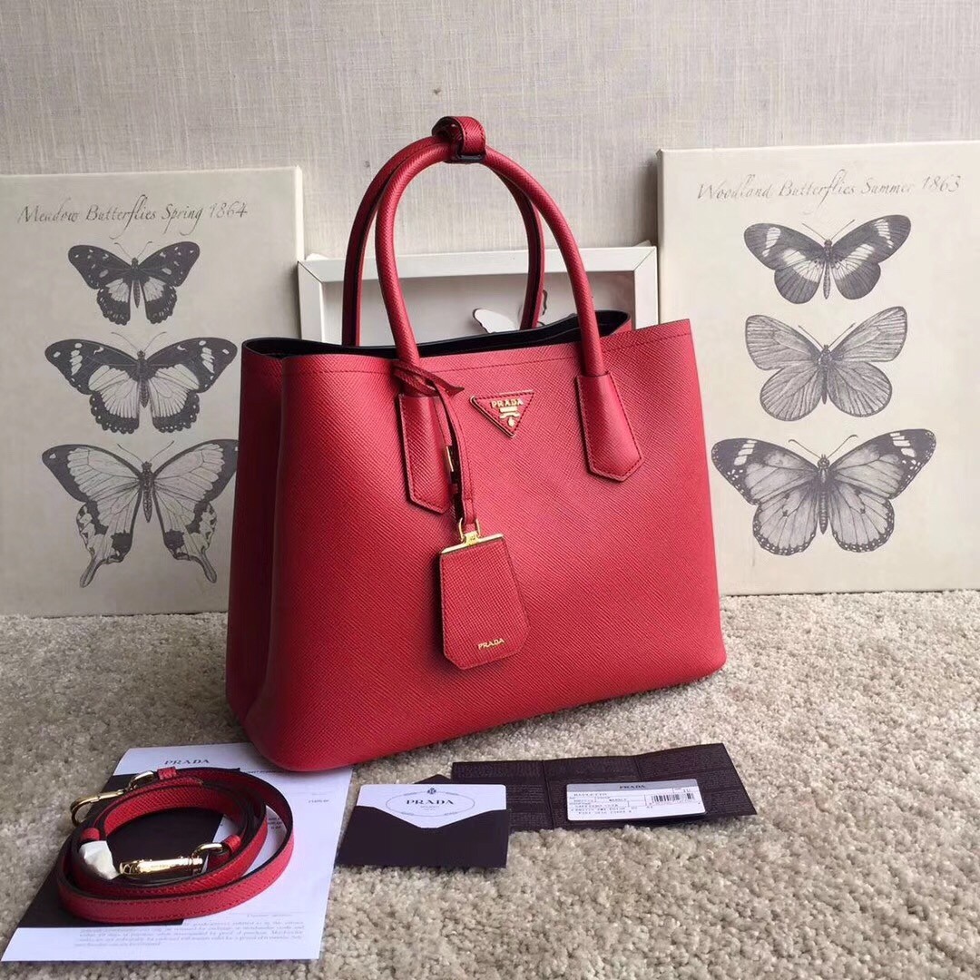 Pra*a red saffiano double medium bag