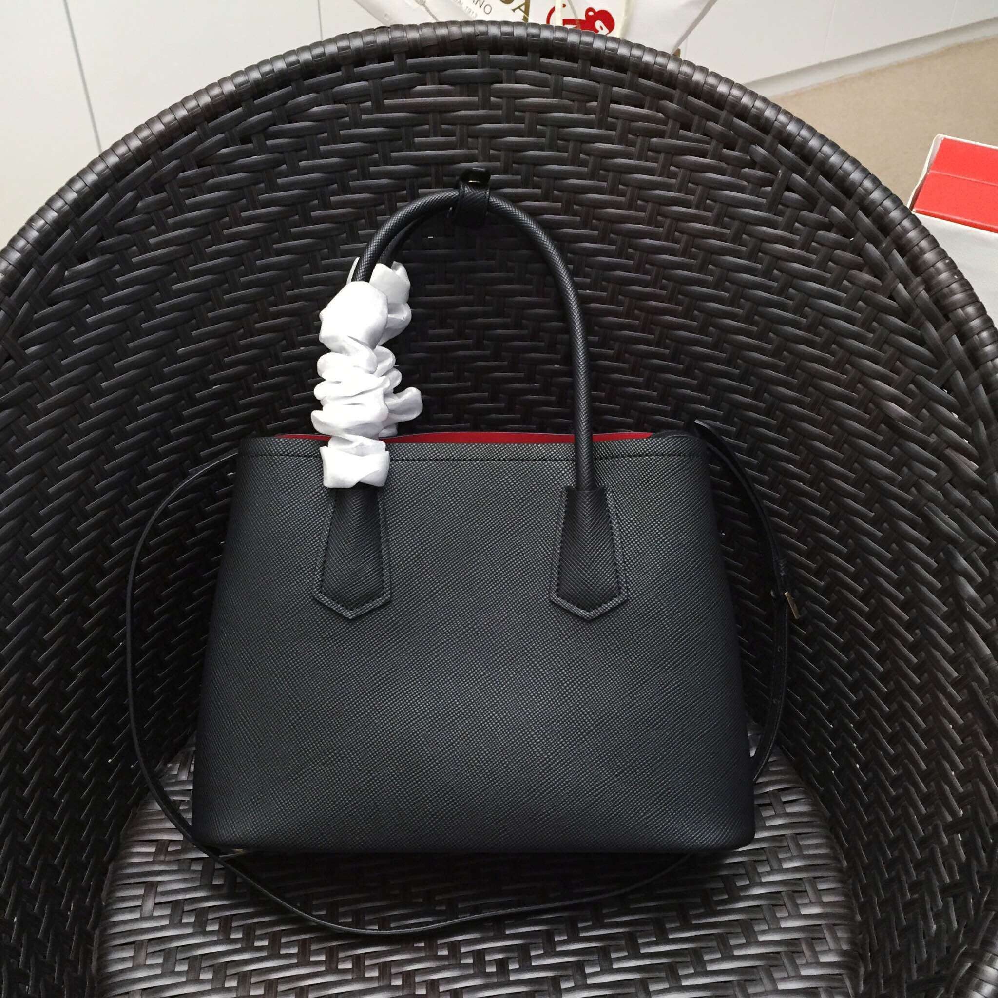 Pra*a black saffiano double small bag