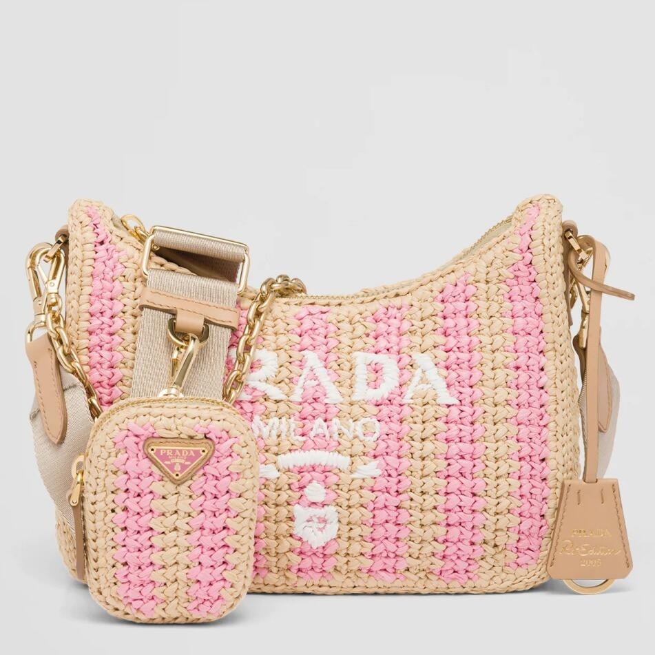 Pra*a re-edition 2005 bag in beige and pink stripe raffia