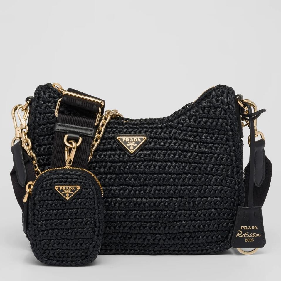 Pra*a re-edition 2005 shoulder bag in black raffia