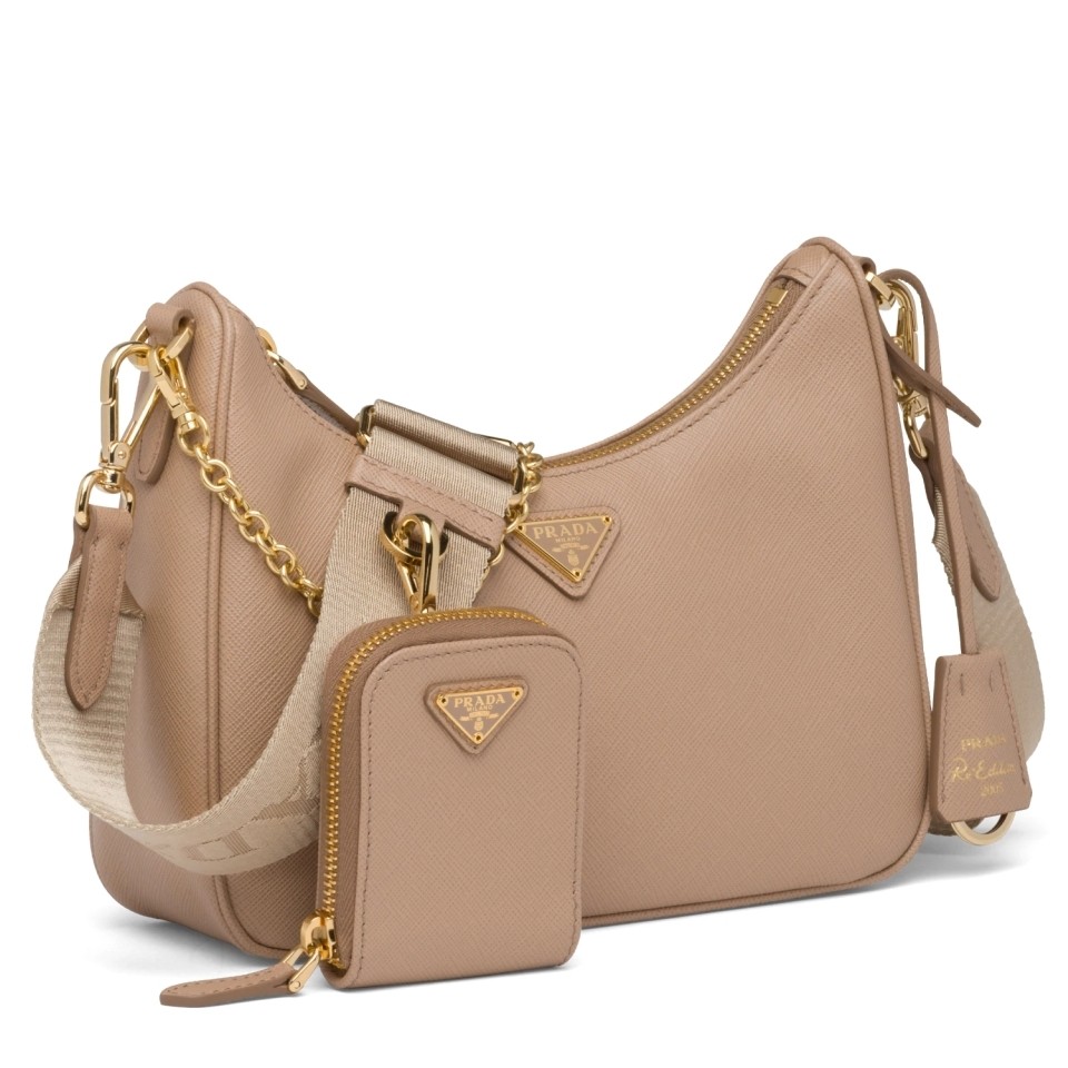 Pra*a re-edition 2005 shoulder bag in beige saffiano leather