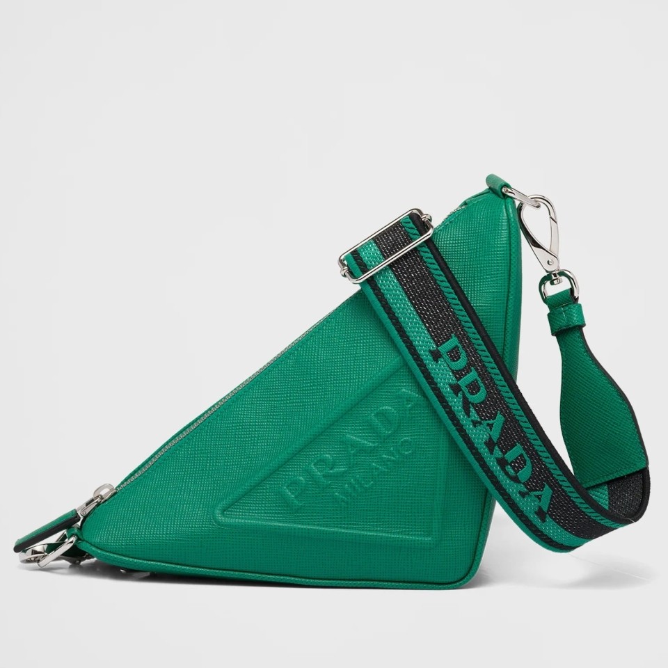 Pra*a triangle shoulder bag in green saffiano calfskin