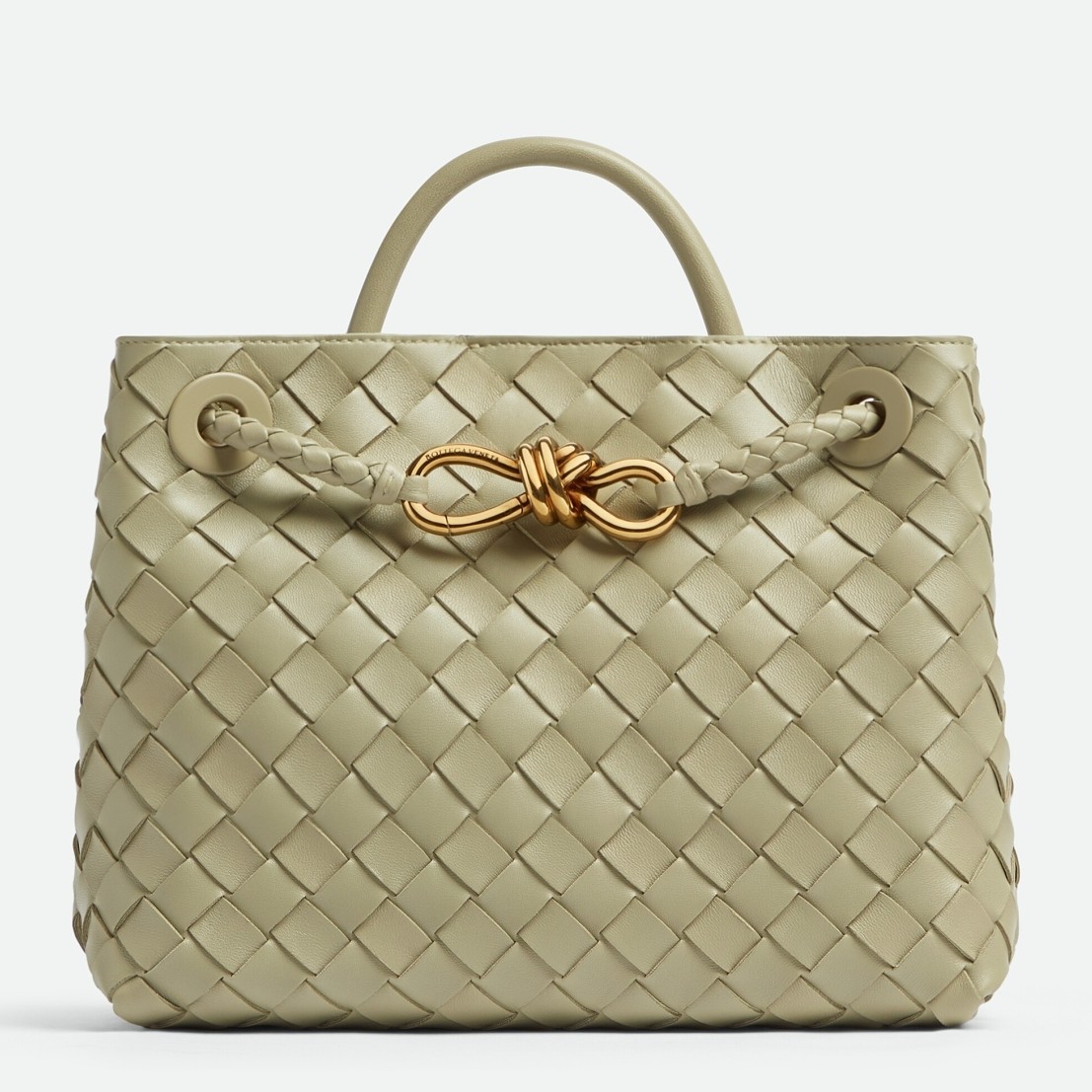 bo*te*ga Ve*ne*ta small andiamo bag in travertine intrecciato lambskin