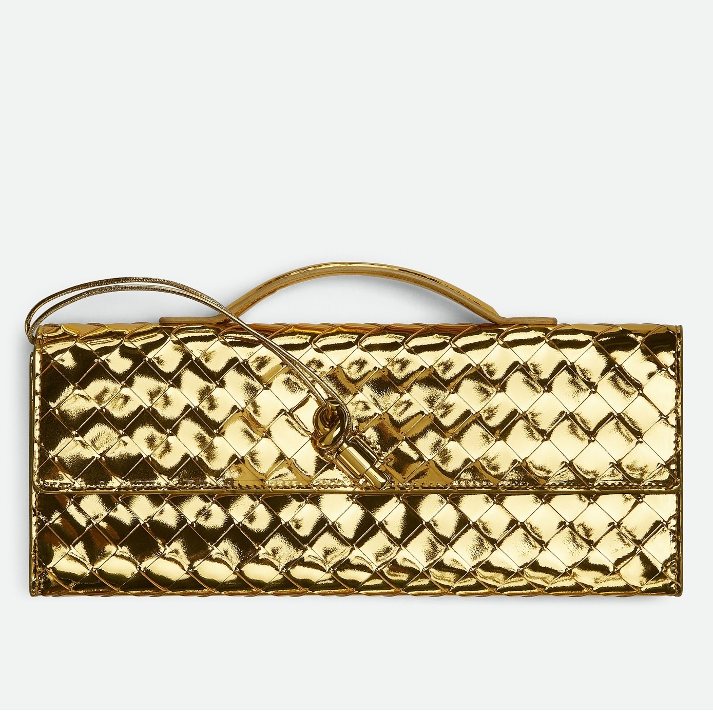 bo*te*ga Ve*ne*ta andiamo clutch with handle in gold metallic leather