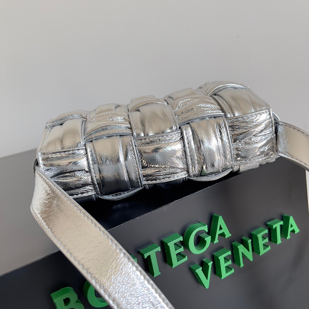 bo*te*ga Ve*ne*ta small cassette bag in silver metallic lambskin