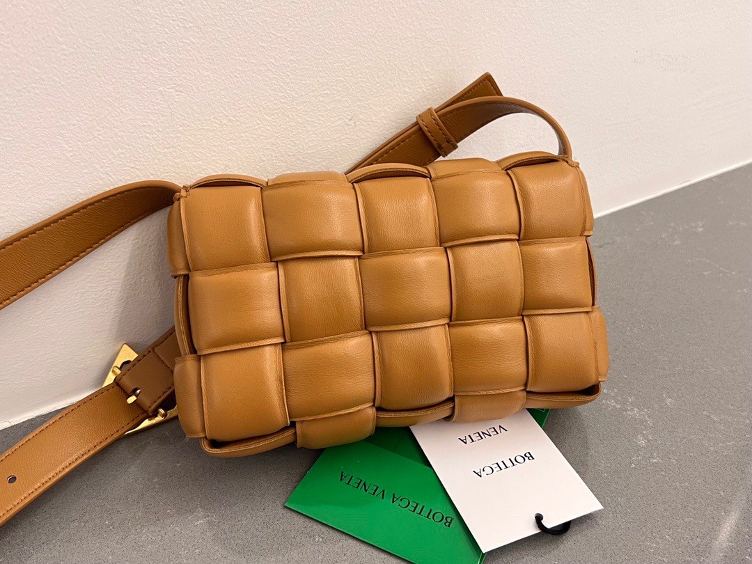 bo*te*ga Ve*ne*ta small padded cassette bag in camel lambskin