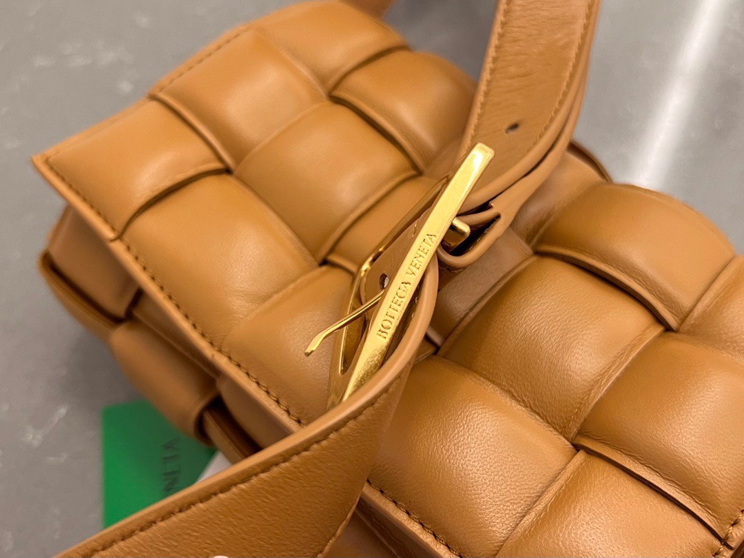 bo*te*ga Ve*ne*ta small padded cassette bag in camel lambskin