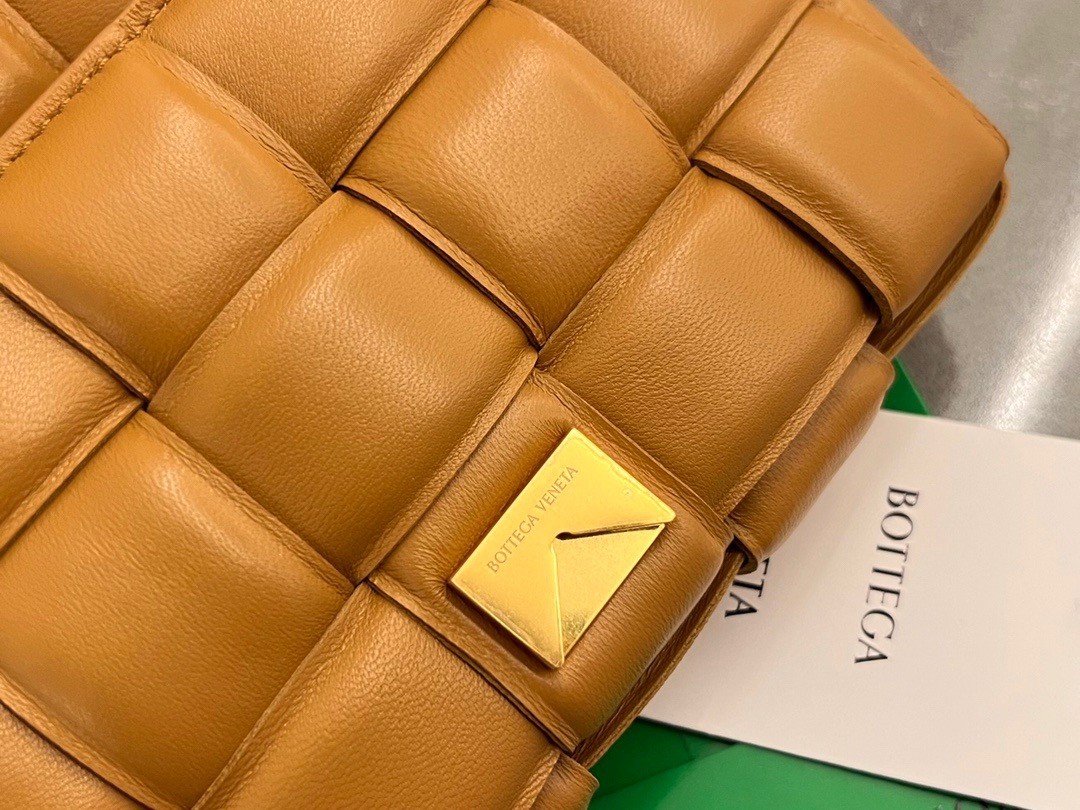 bo*te*ga Ve*ne*ta small padded cassette bag in camel lambskin