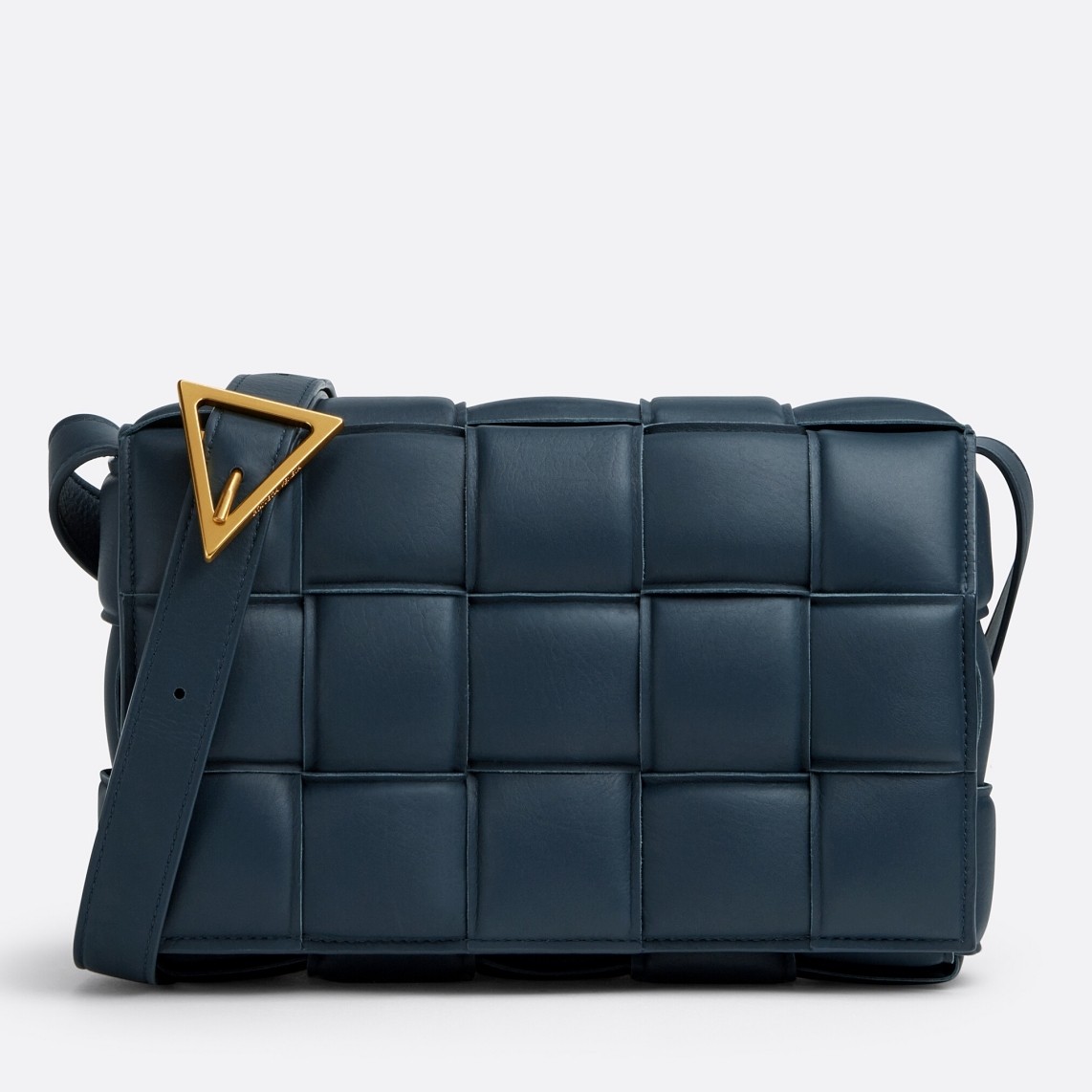 bo*te*ga Ve*ne*ta padded cassette bag in dark blue intrecciato lambskin