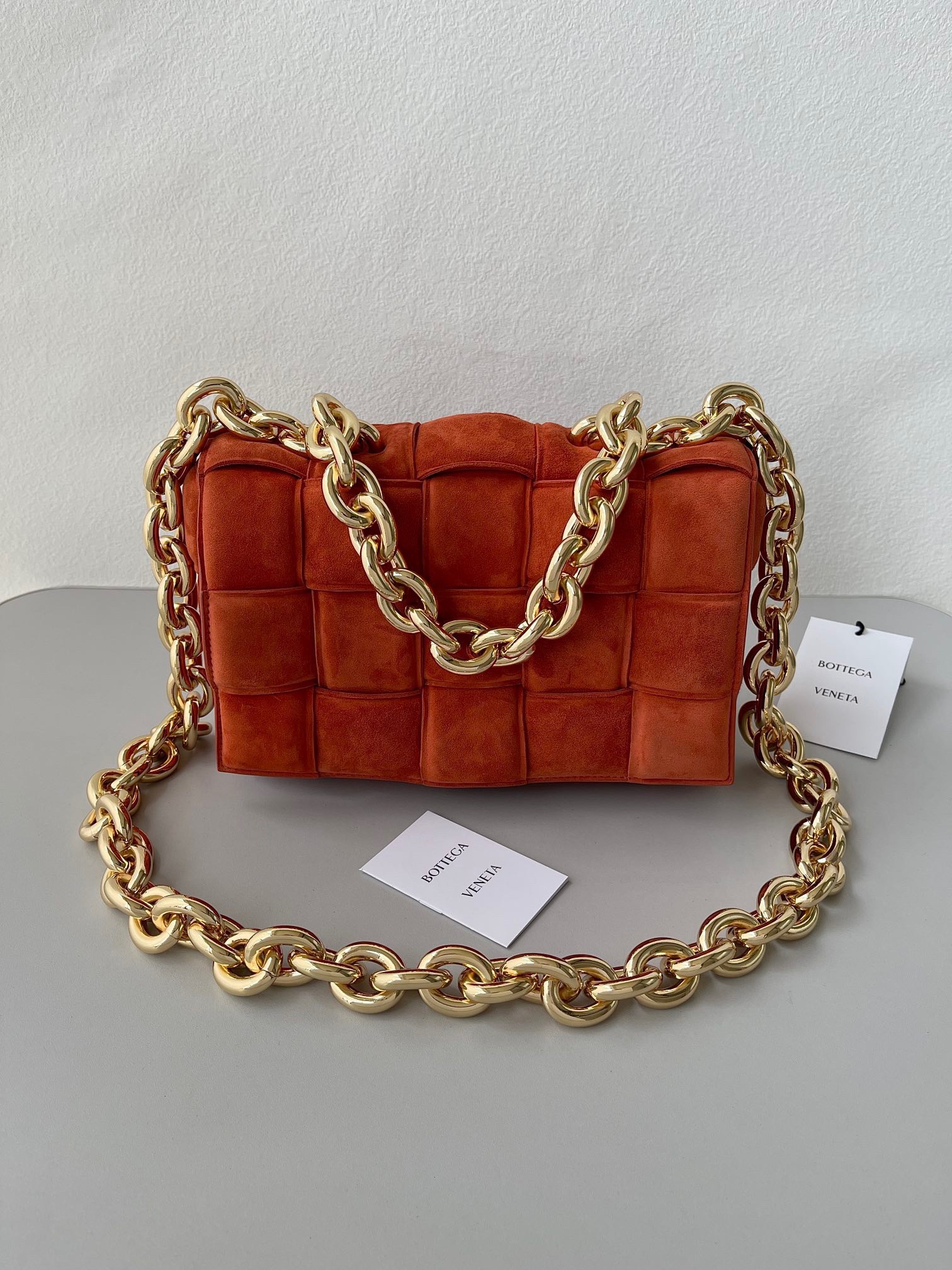 bo*te*ga Ve*ne*ta chain cassette bag in maple suede