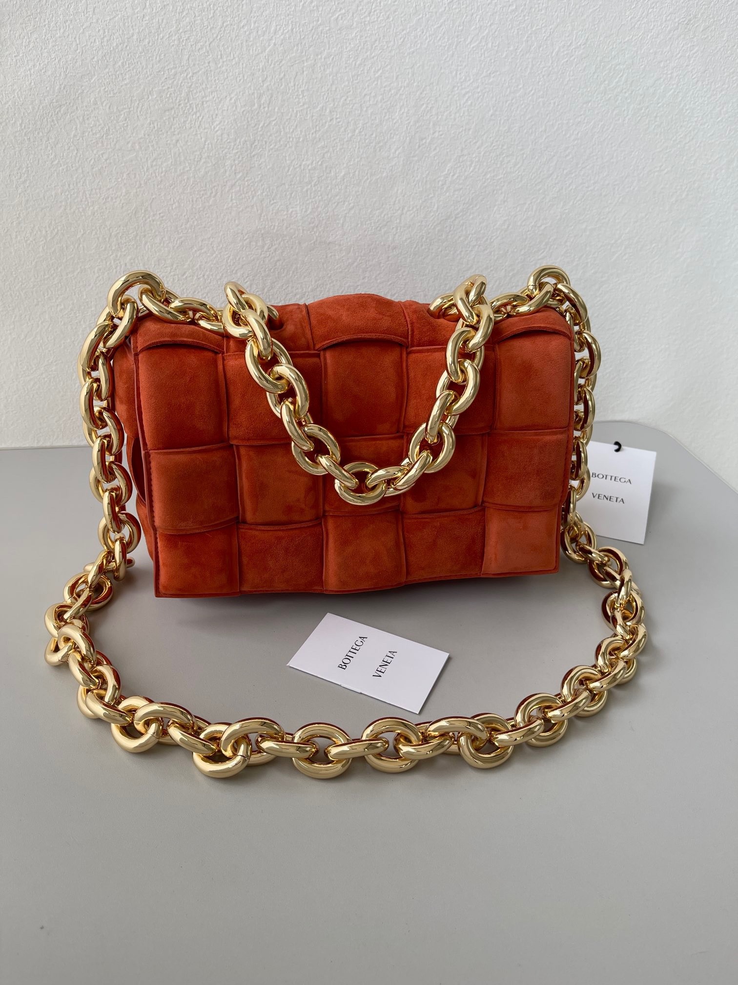 bo*te*ga Ve*ne*ta chain cassette bag in maple suede