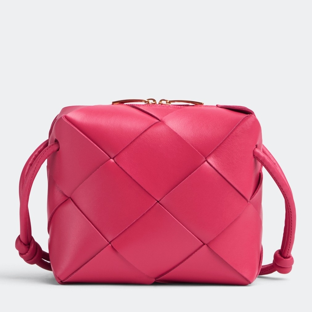 bo*te*ga Ve*ne*ta mini cassette camera bag in cranberry lambskin