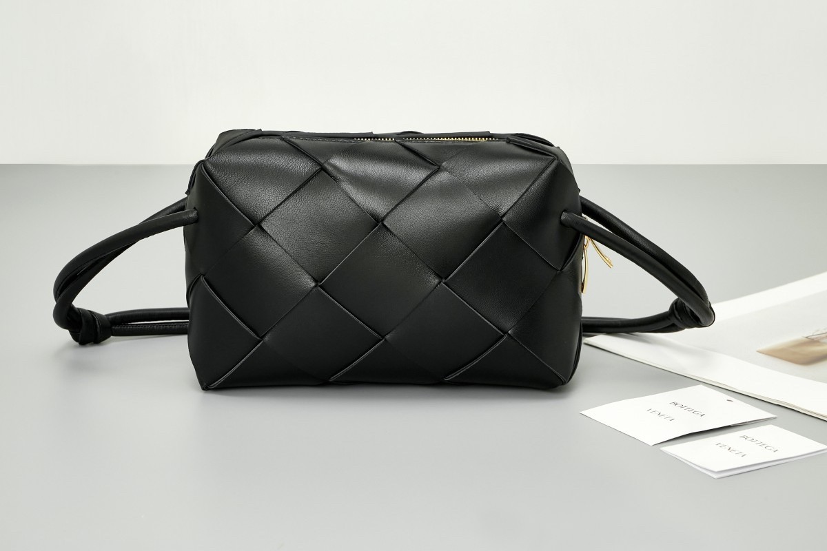 bo*te*ga Ve*ne*ta small cassette camera bag in black lambskin