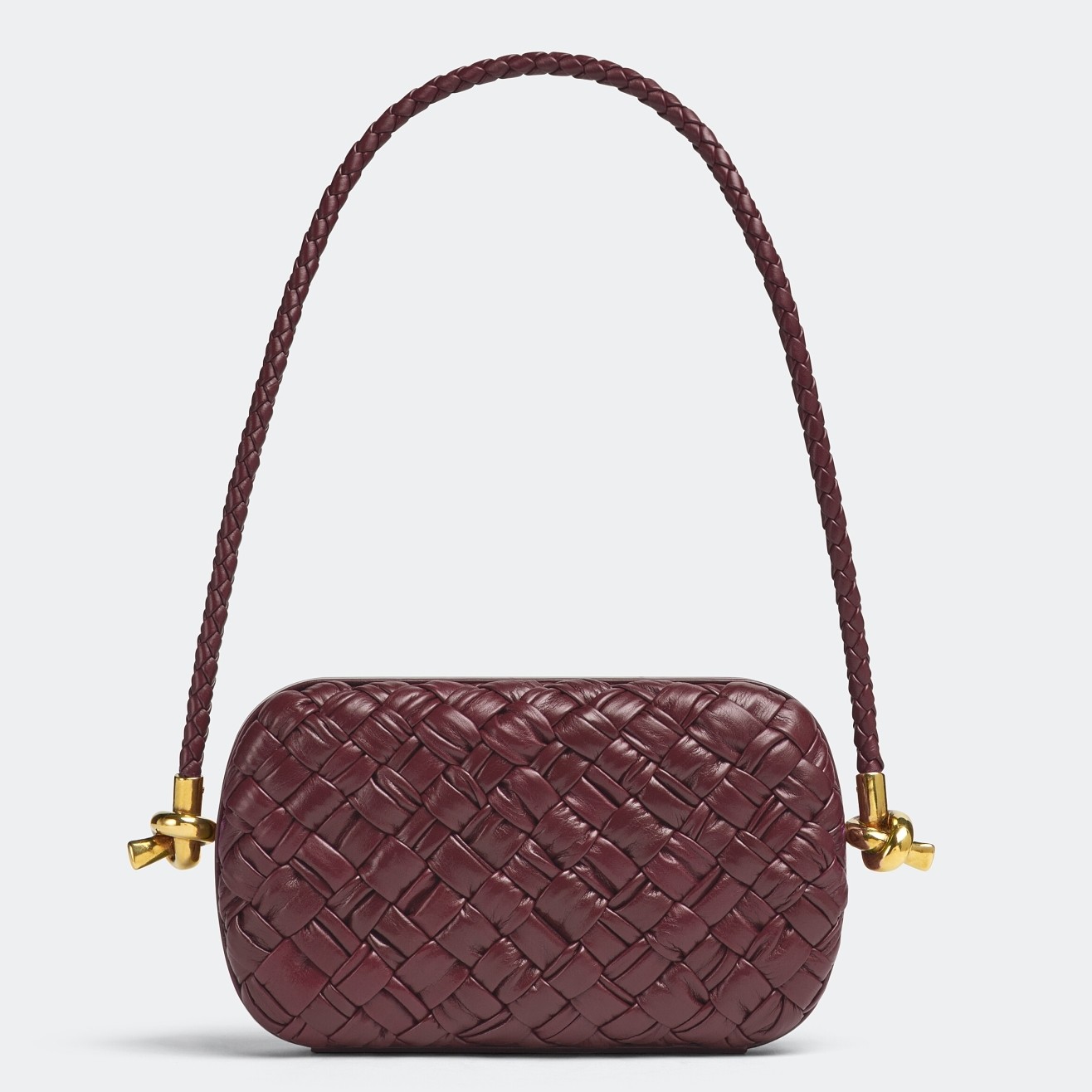 bo*te*ga Ve*ne*ta knot minaudiere on strap in barolo foulard intreccio leather