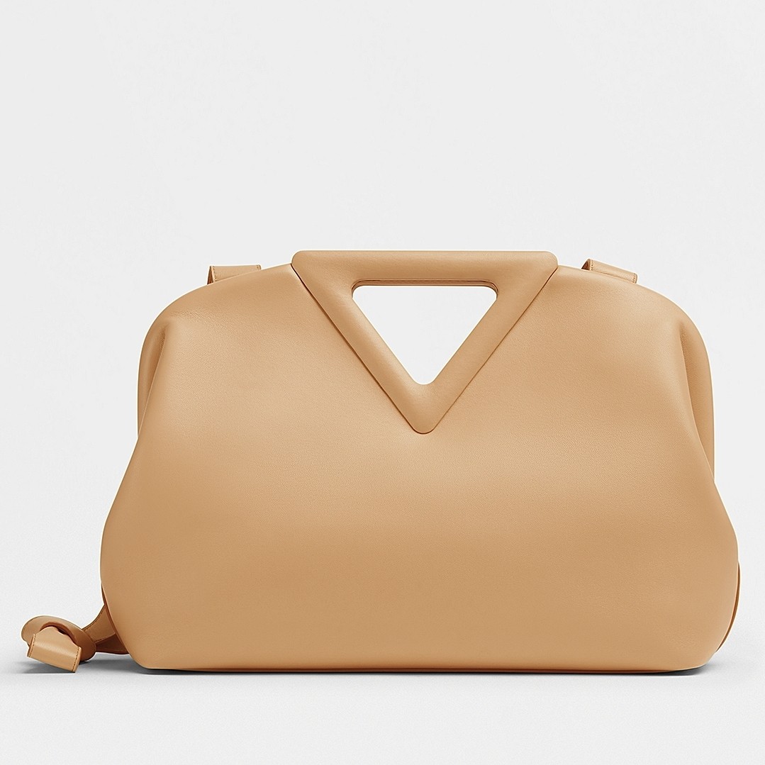 bo*te*ga Ve*ne*ta small point top handle bag in beige leather