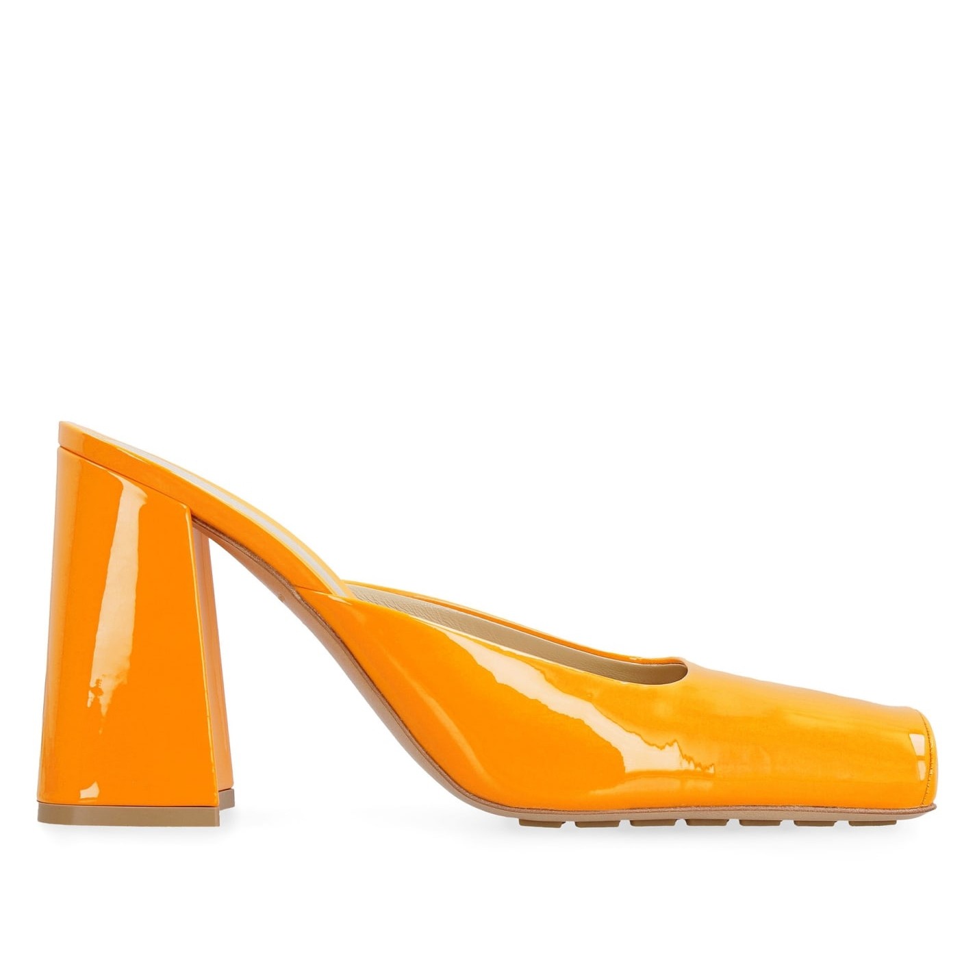 bo*te*ga Ve*ne*ta tower mules in orange patent calfskin