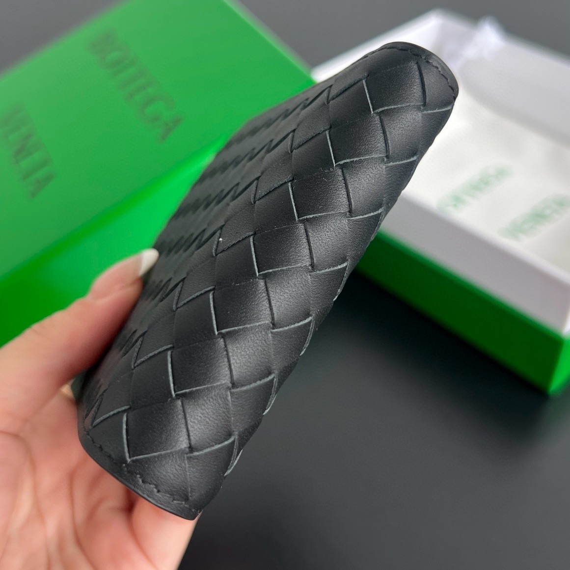 bo*te*ga Ve*ne*ta bi-fold wallet with coin purse in black intrecciato calfskin