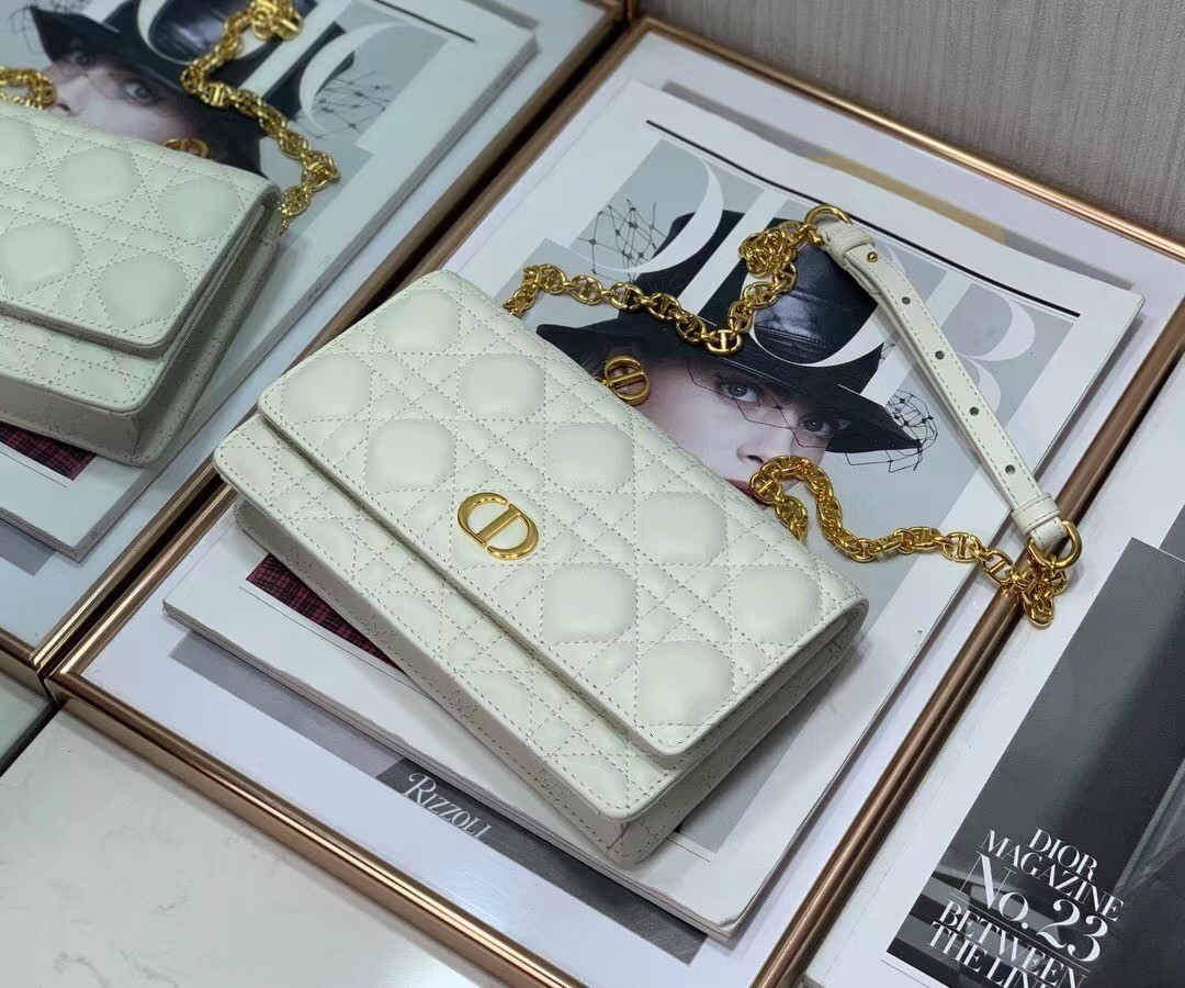 D*or caro belt pouch with chain in white calfskin