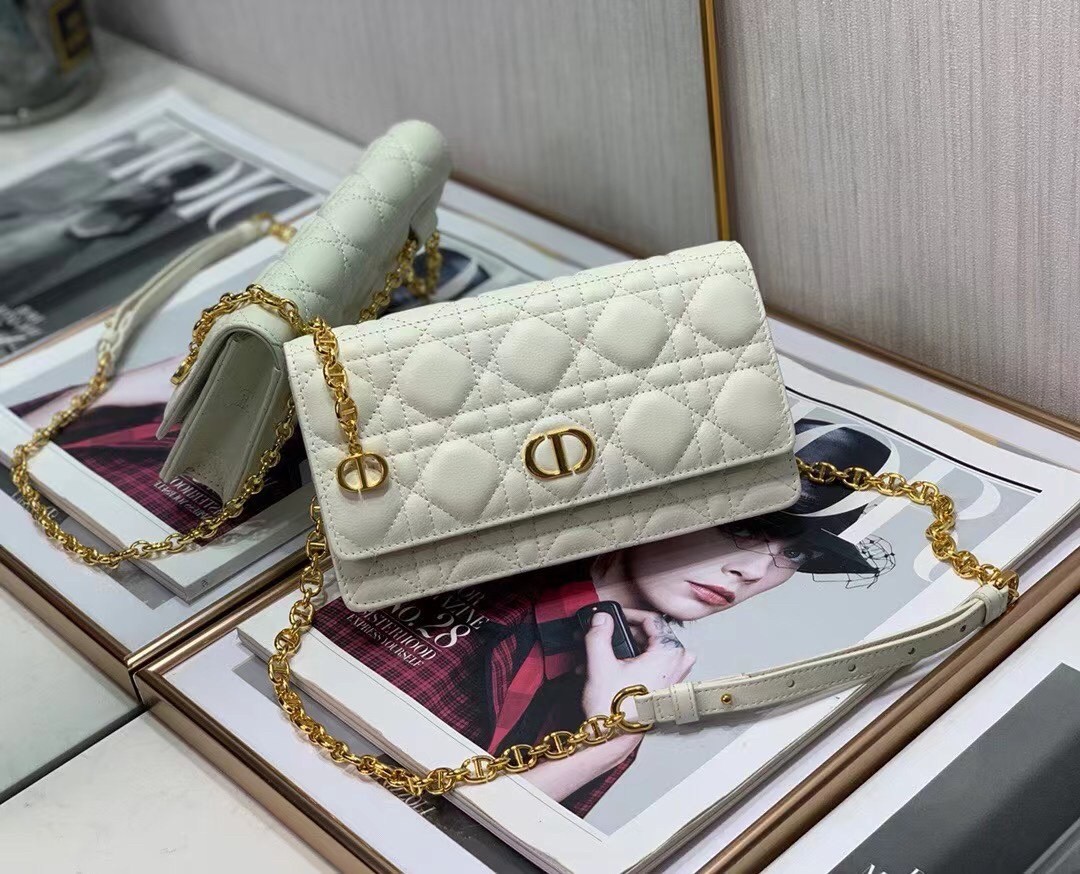 D*or caro belt pouch with chain in white calfskin