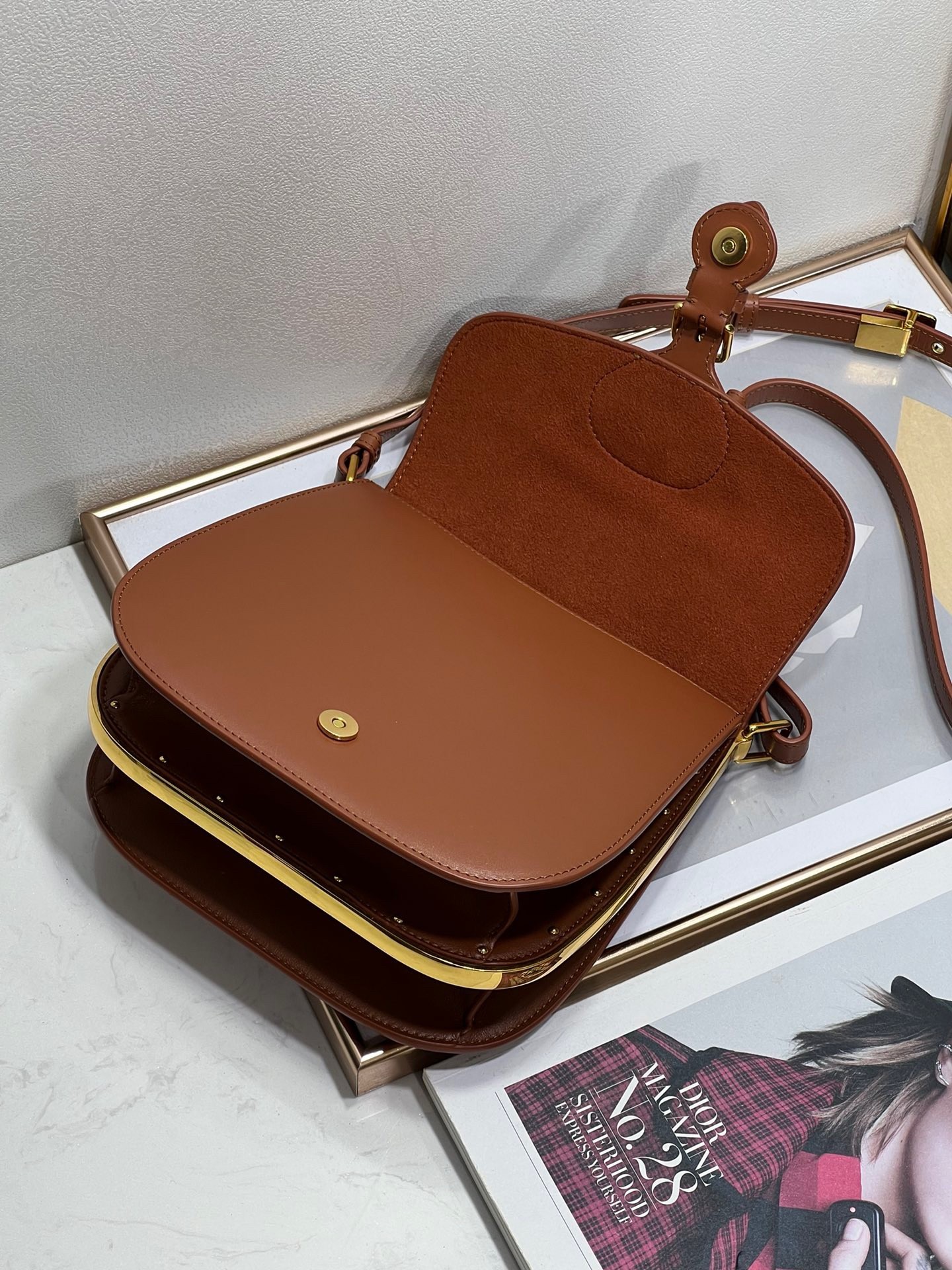 D*or bobby frame bag in brown box calfskin
