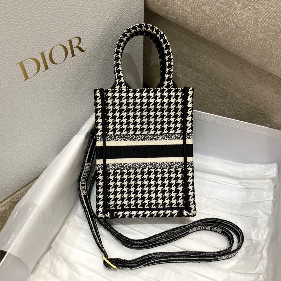 D*or mini book tote phone bag in micro houndstooth embroidery