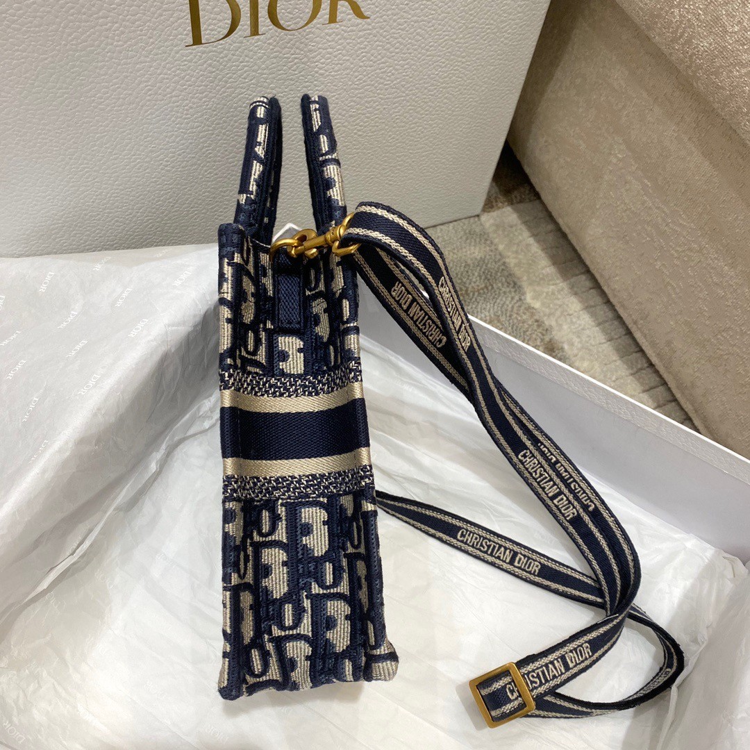 D*or mini book tote phone bag in blue D*or oblique embroidery