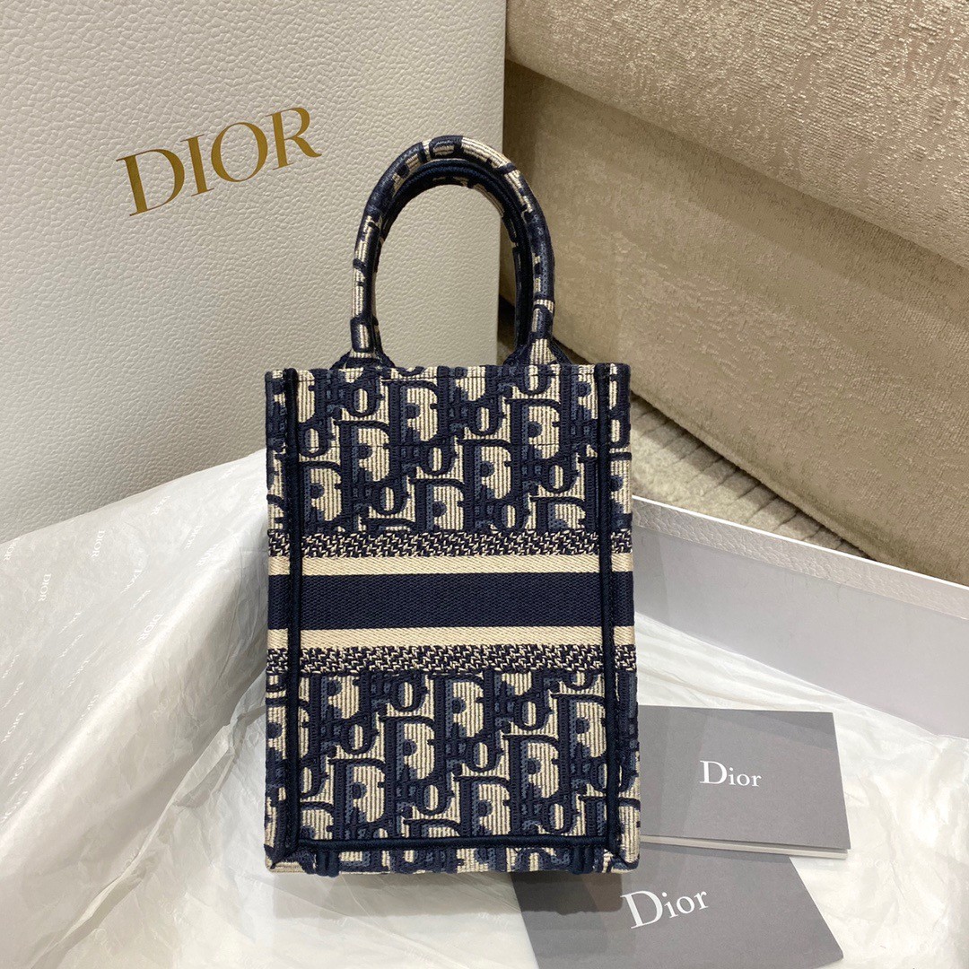 D*or mini book tote phone bag in blue D*or oblique embroidery