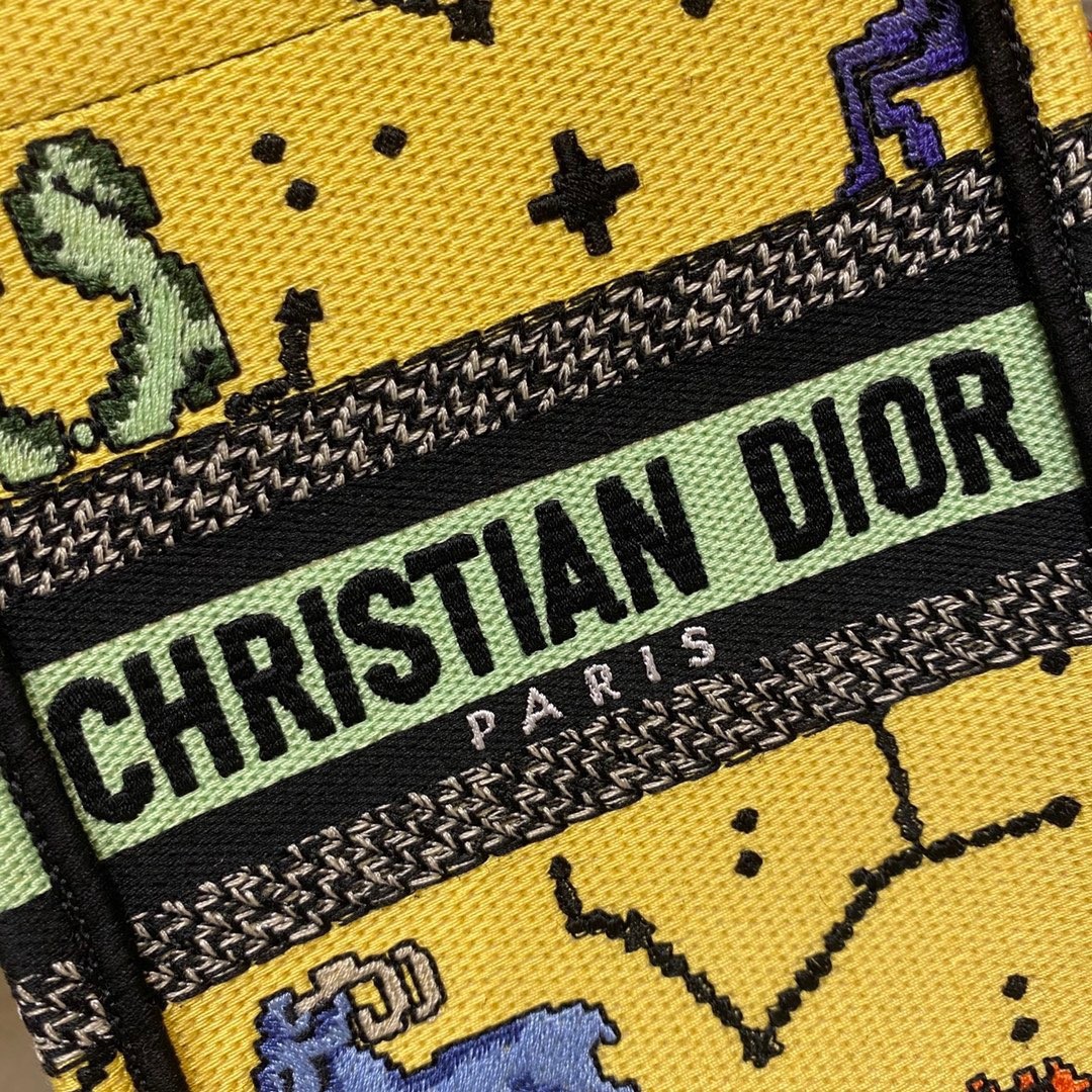 D*or mini book tote phone bag in yellow pixel zodiac embroidery