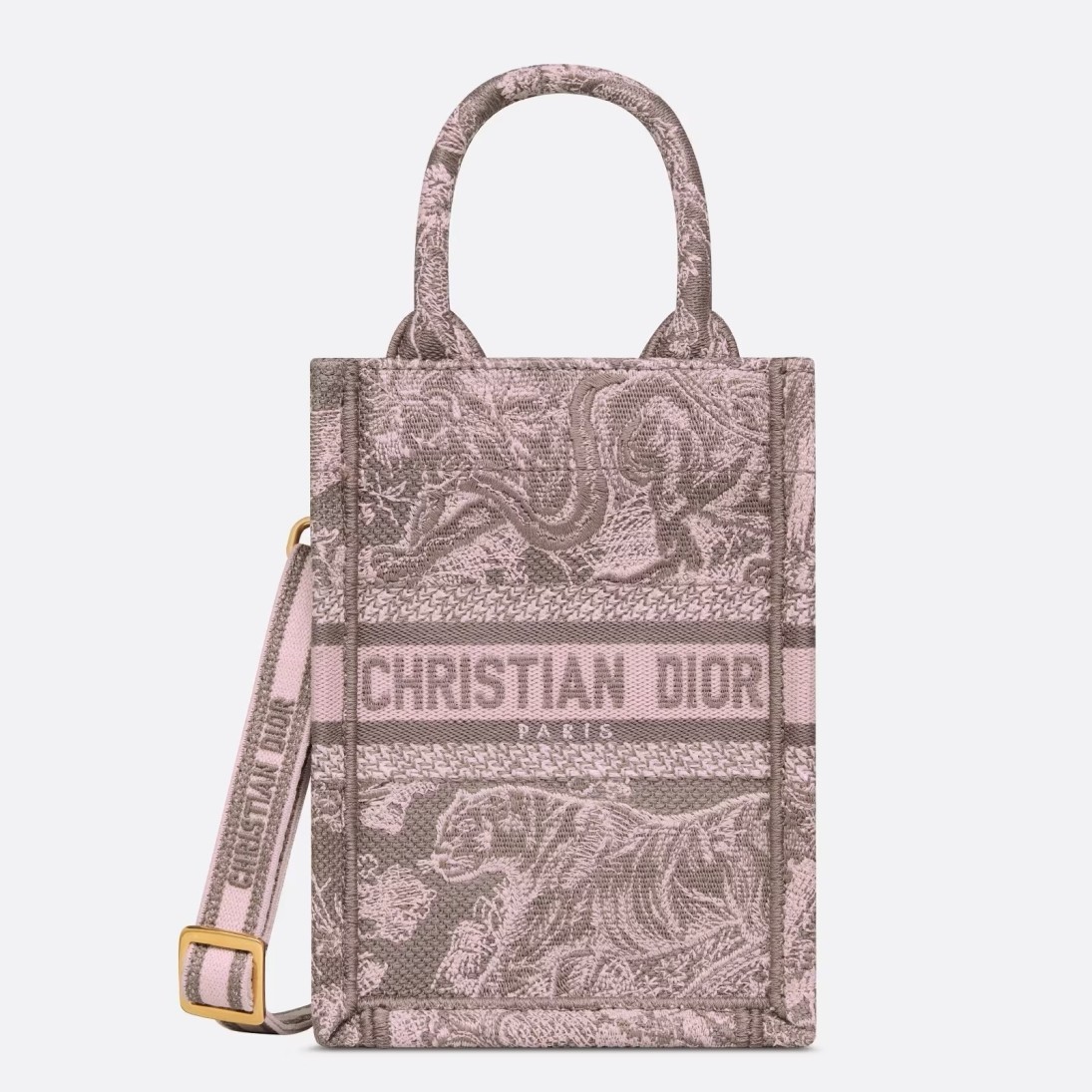 D*or mini D*oriviera book tote phone bag in pink toile de jouy reverse embroidery