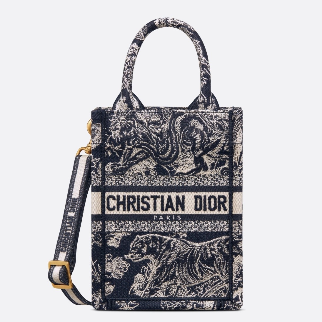 D*or mini book tote phone bag in blue toile de jouy reverse embroidery
