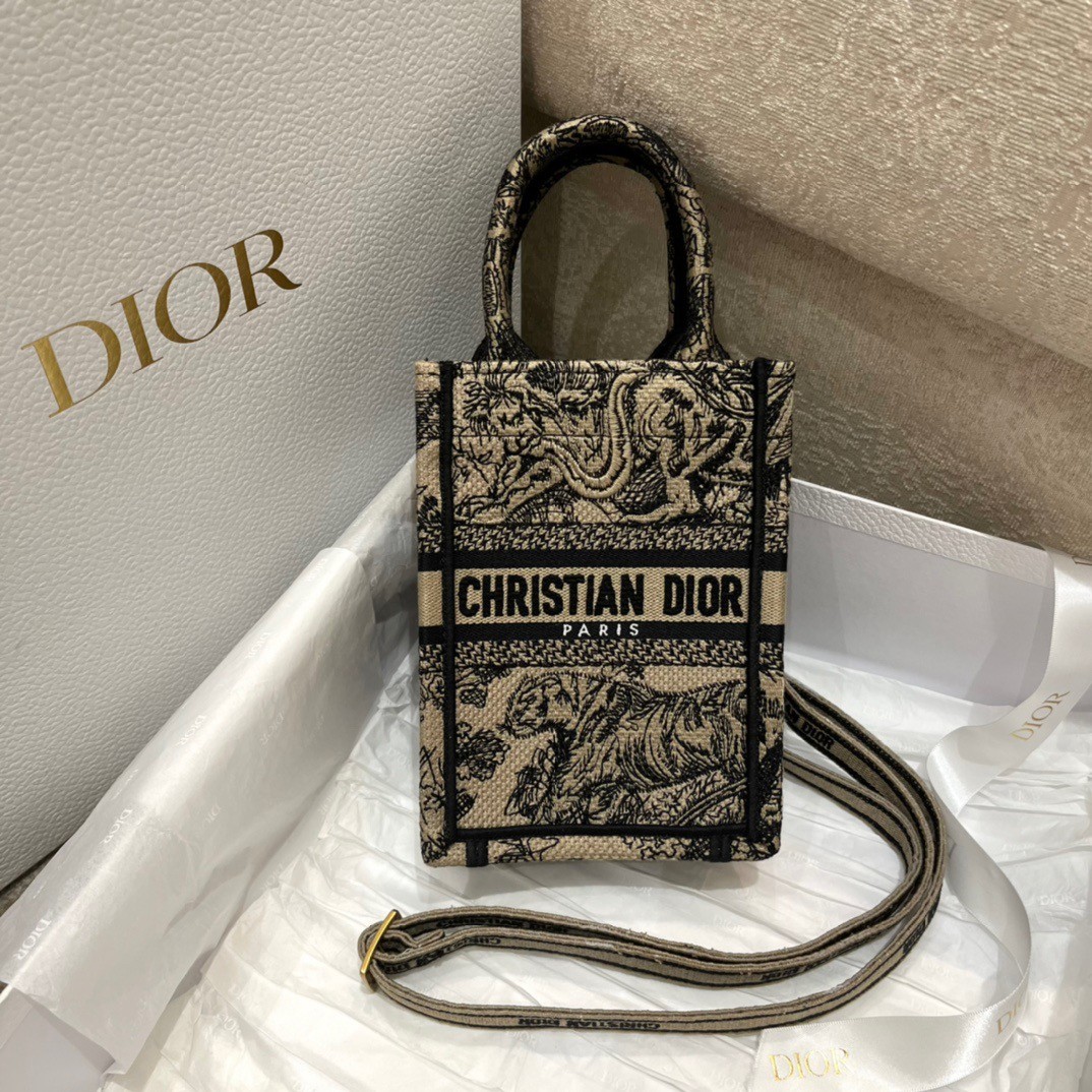 D*or mini book tote phone bag in hazelnut toile de jouy embroidery