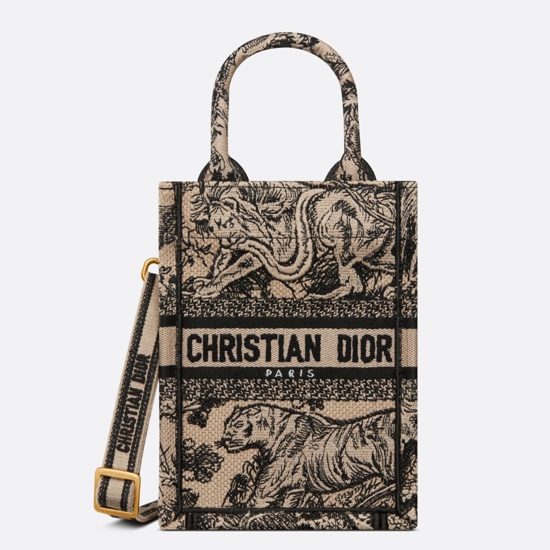 D*or mini book tote phone bag in hazelnut toile de jouy embroidery