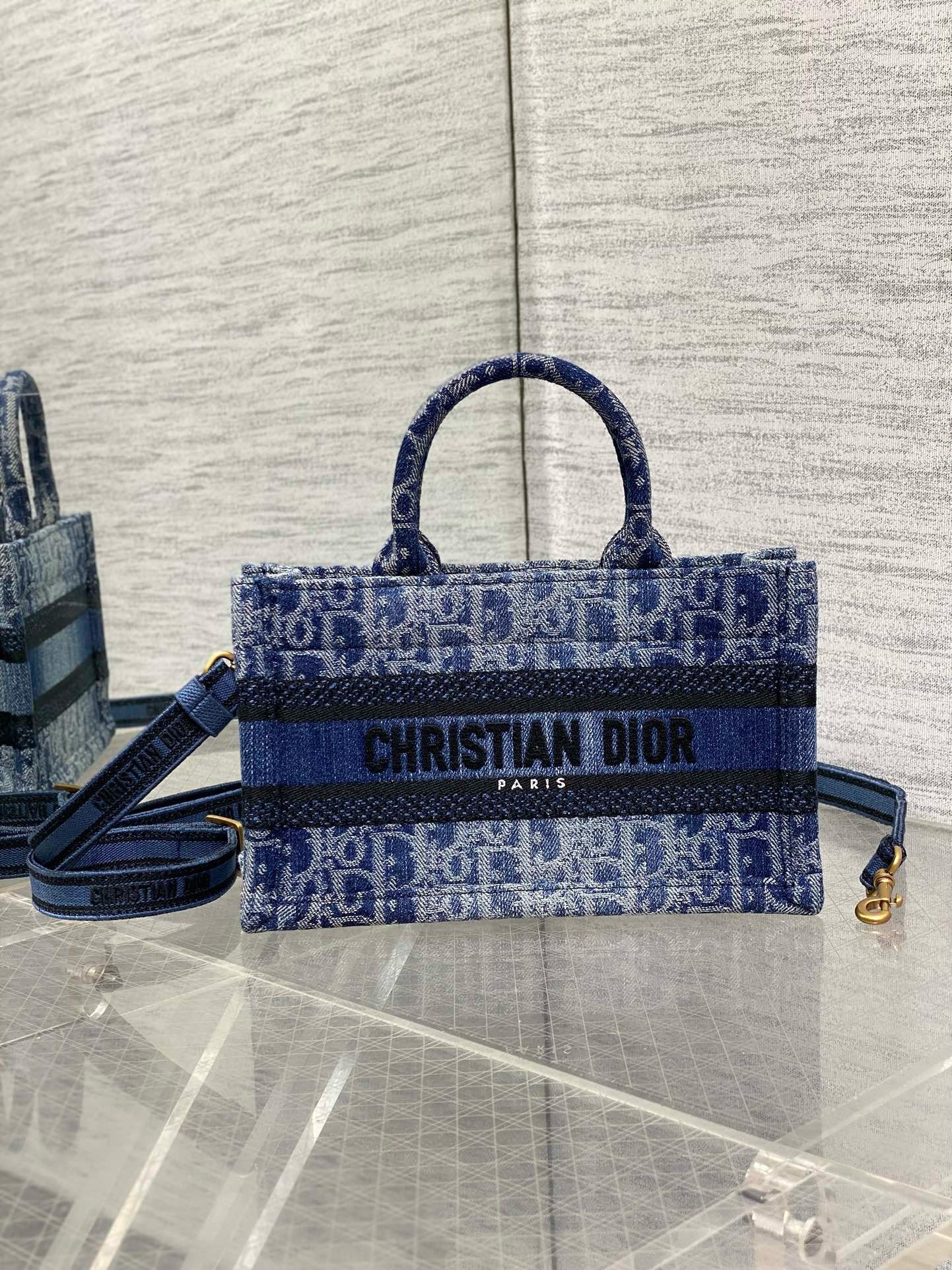 D*or mini book tote with strap in blue denim oblique jacquard