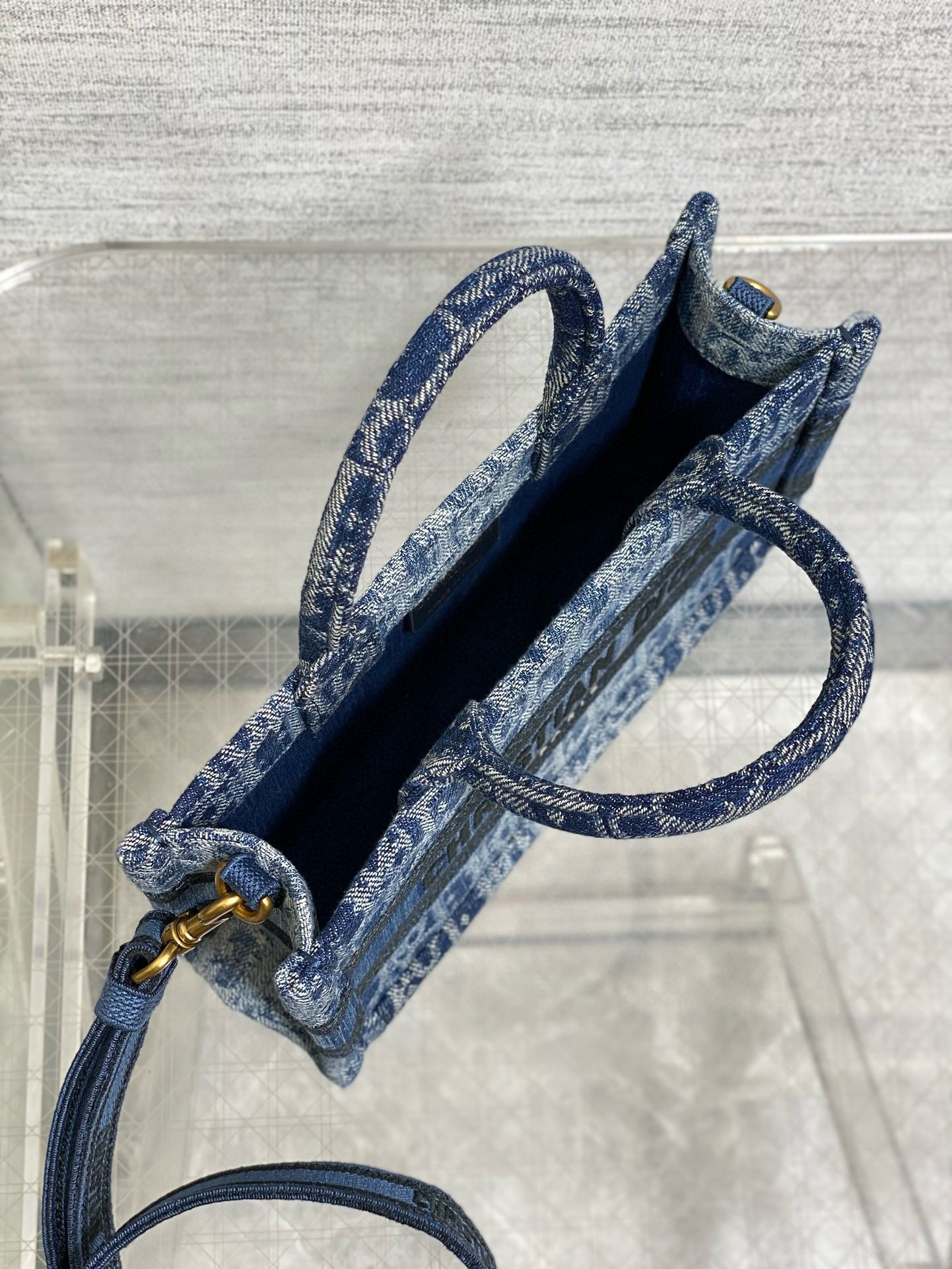 D*or mini book tote with strap in blue denim oblique jacquard