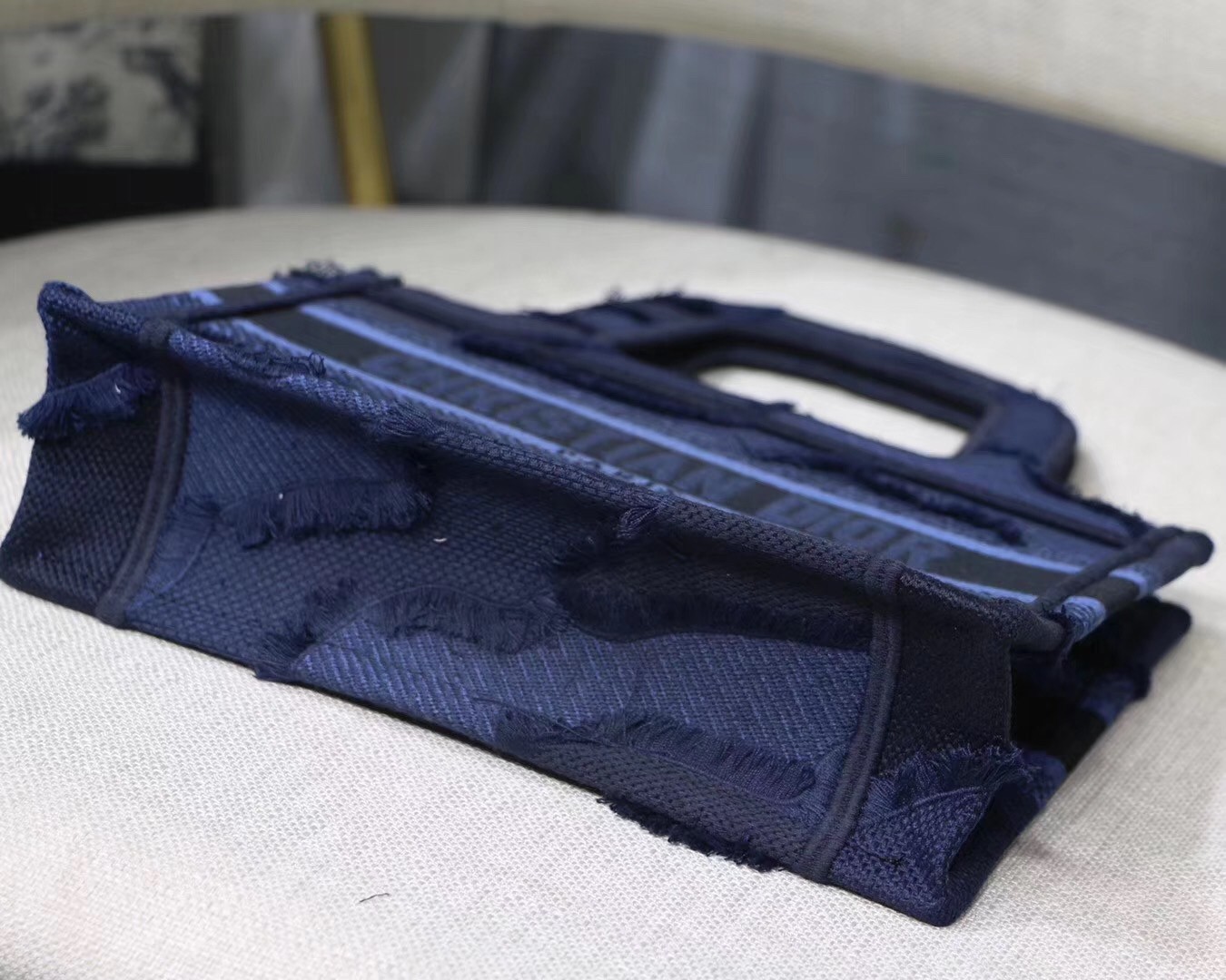 D*or mini book tote bag in blue camouflage canvas