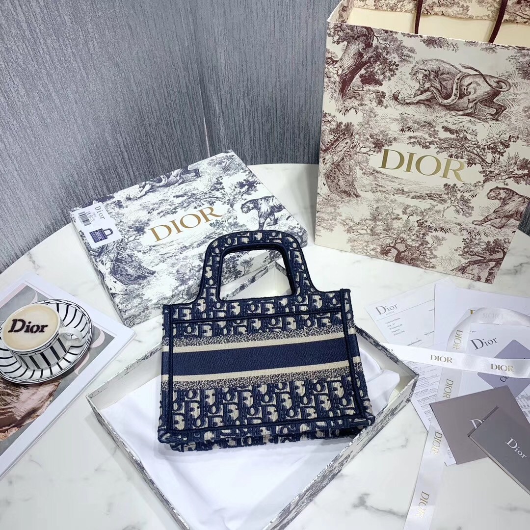 D*or mini book tote bag in blue oblique canvas