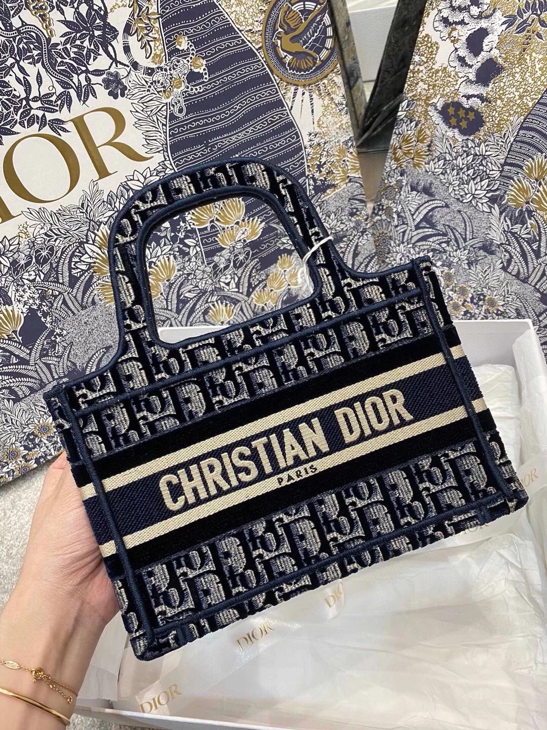 D*or mini book tote bag in blue D*or oblique embroidered velvet