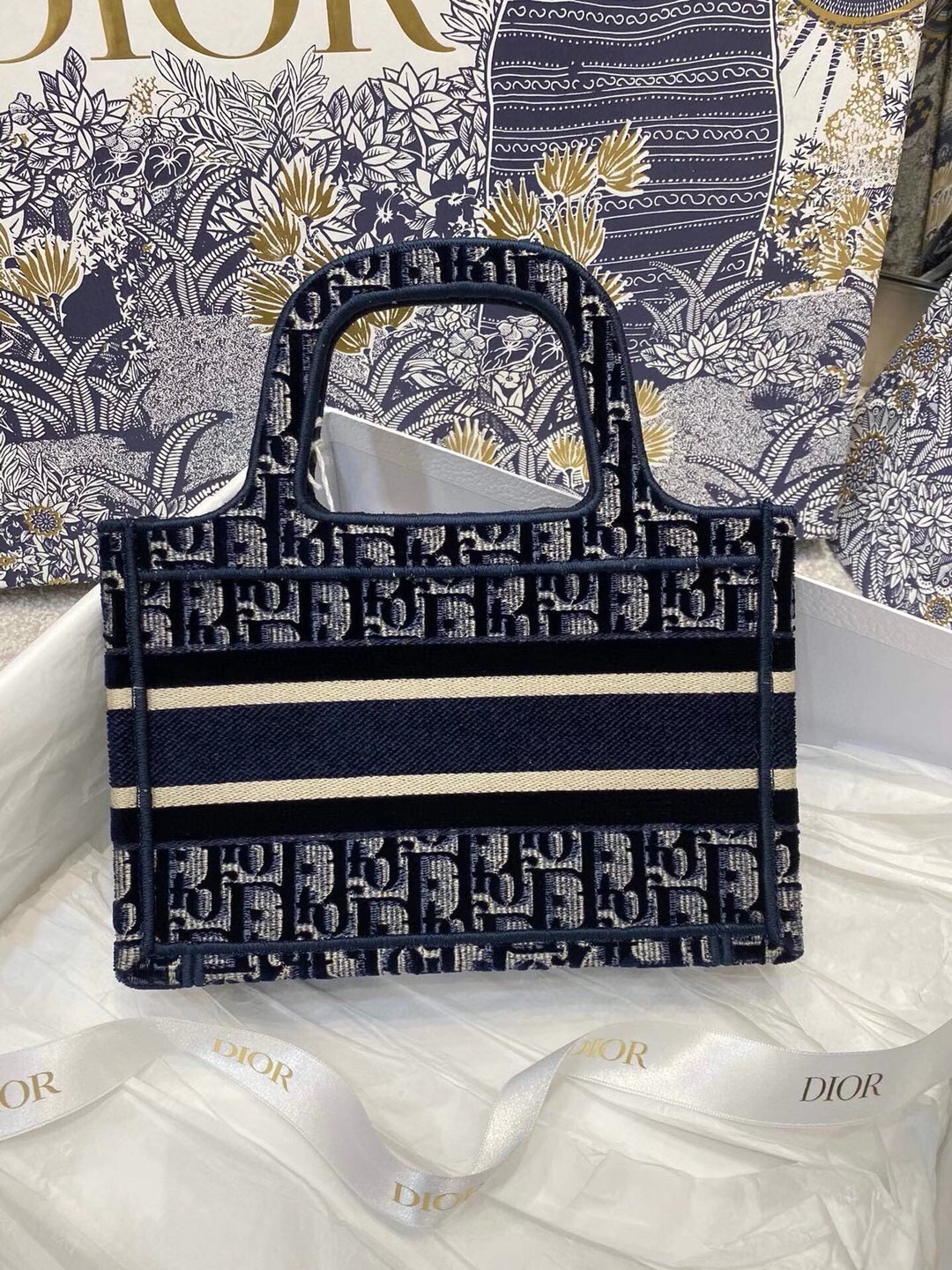 D*or mini book tote bag in blue D*or oblique embroidered velvet