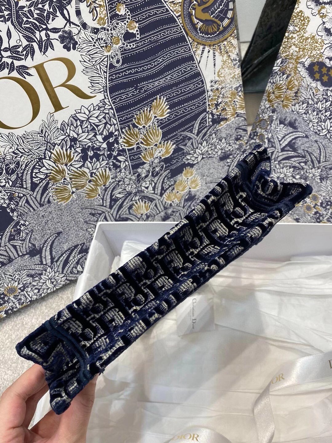 D*or mini book tote bag in blue D*or oblique embroidered velvet