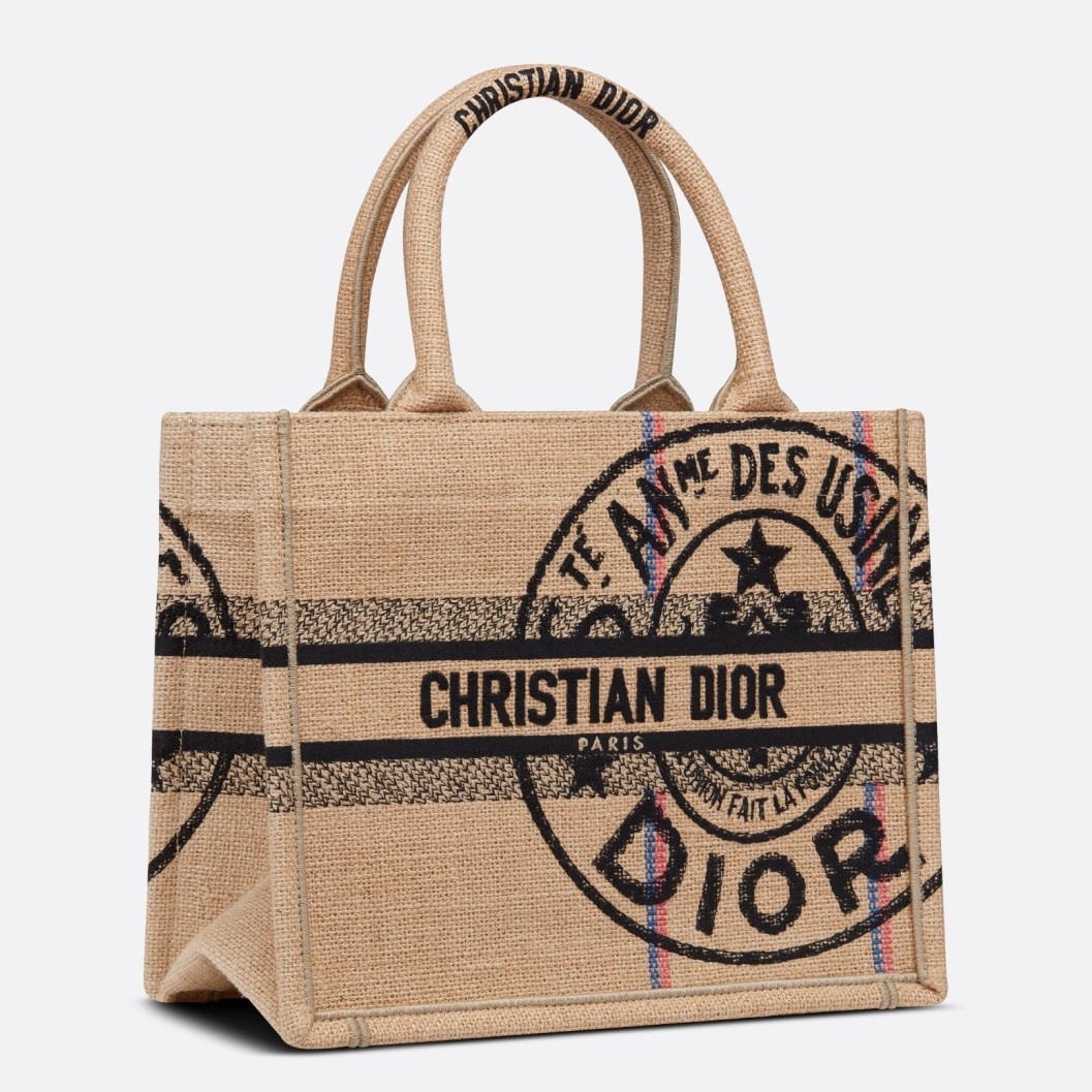 D*or small book tote bag in beige jute canvas with D*or union motif