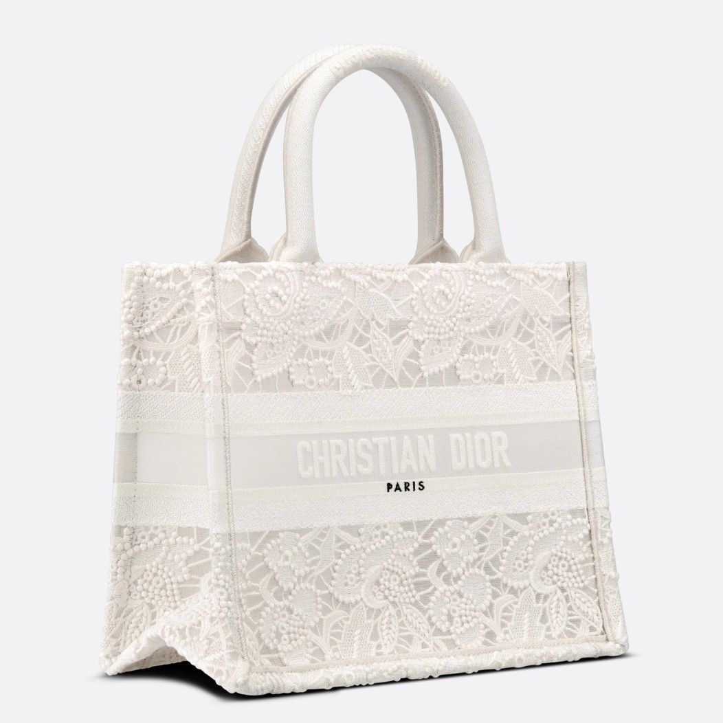 D*or small book tote bag in natural macrame-effect embroidery